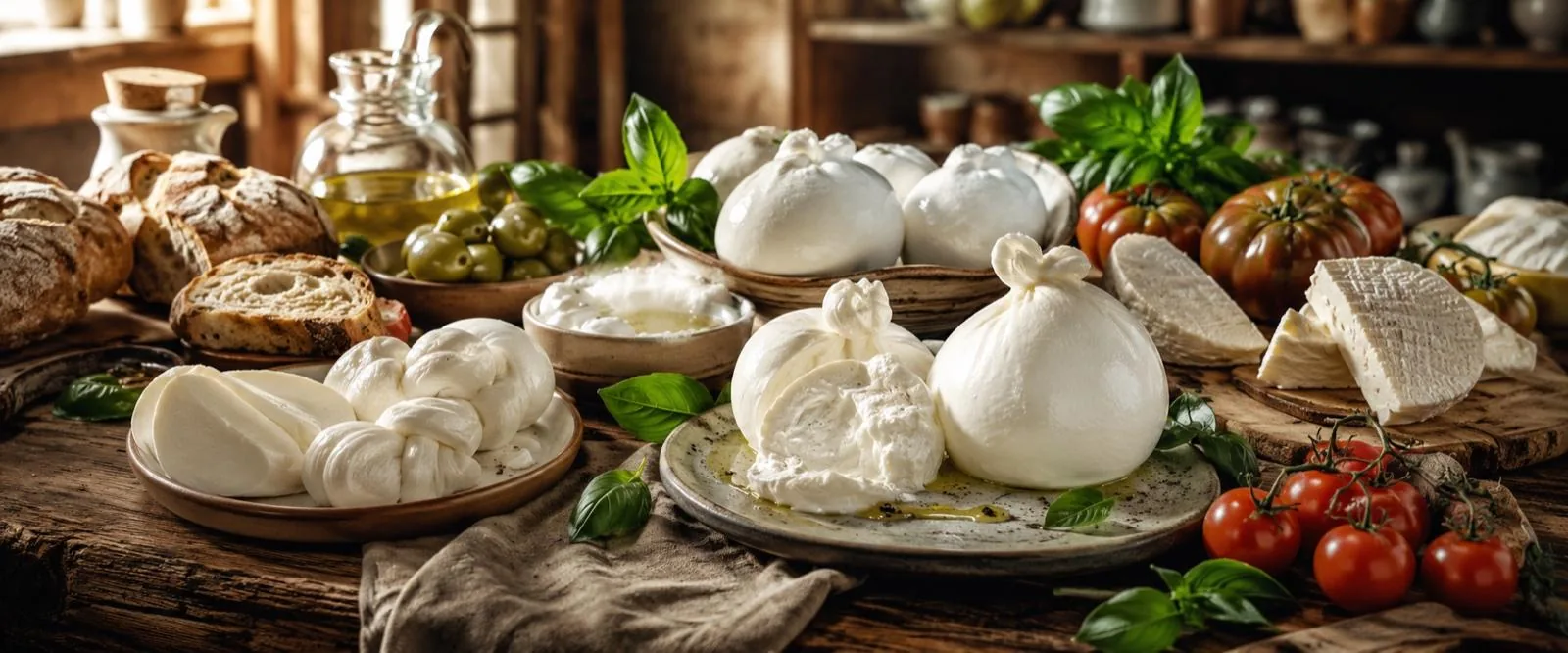 Selezione di formaggi freschi italiani: burrata, stracciatella, mozzarella